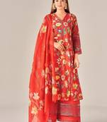 Red cotton printed hand embroidery kurta set with dupatta
