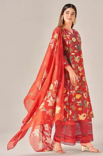 Red cotton printed hand embroidery kurta set with dupatta