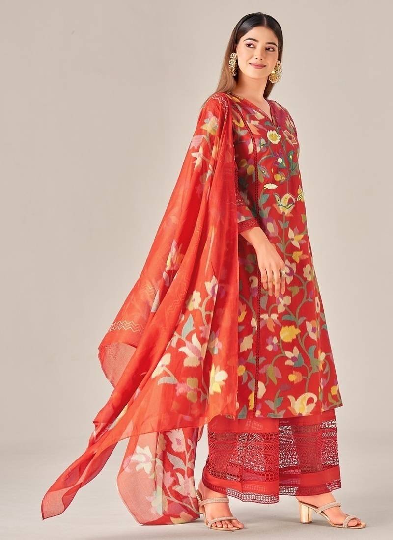 Red cotton printed hand embroidery kurta set with dupatta