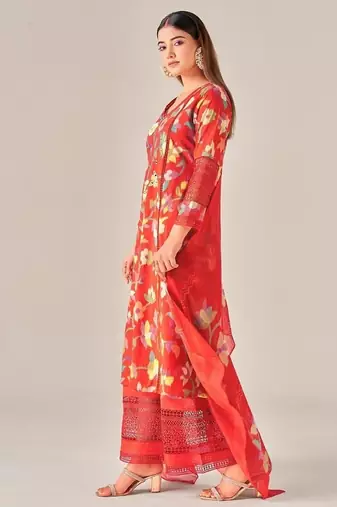 Red cotton printed hand embroidery kurta set with dupatta