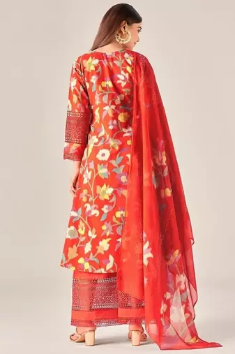 Red cotton printed hand embroidery kurta set with dupatta