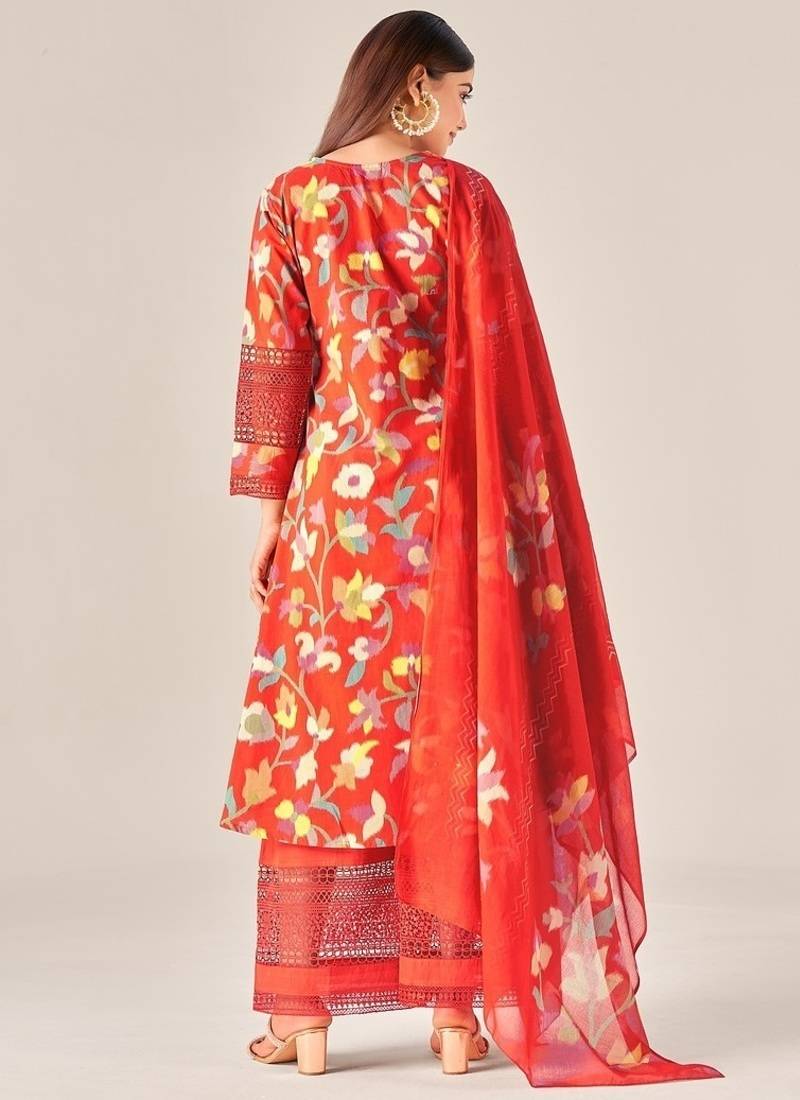 Red cotton printed hand embroidery kurta set with dupatta