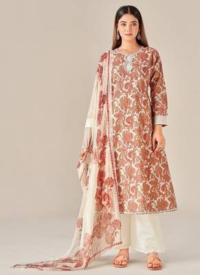 Orange cotton printed hand embroidery kurta set with dupatta 1