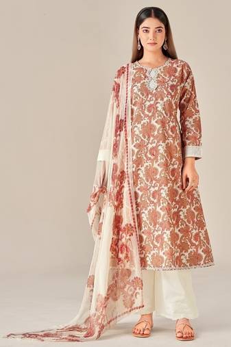 Orange cotton printed hand embroidery kurta set with dupatta