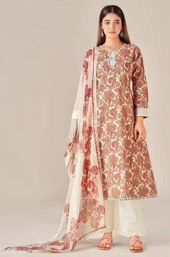 Orange cotton printed hand embroidery kurta set with dupatta