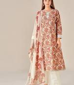 Orange cotton printed hand embroidery kurta set with dupatta
