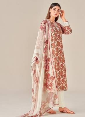 Orange cotton printed hand embroidery kurta set with dupatta 2