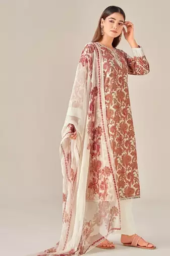 Orange cotton printed hand embroidery kurta set with dupatta