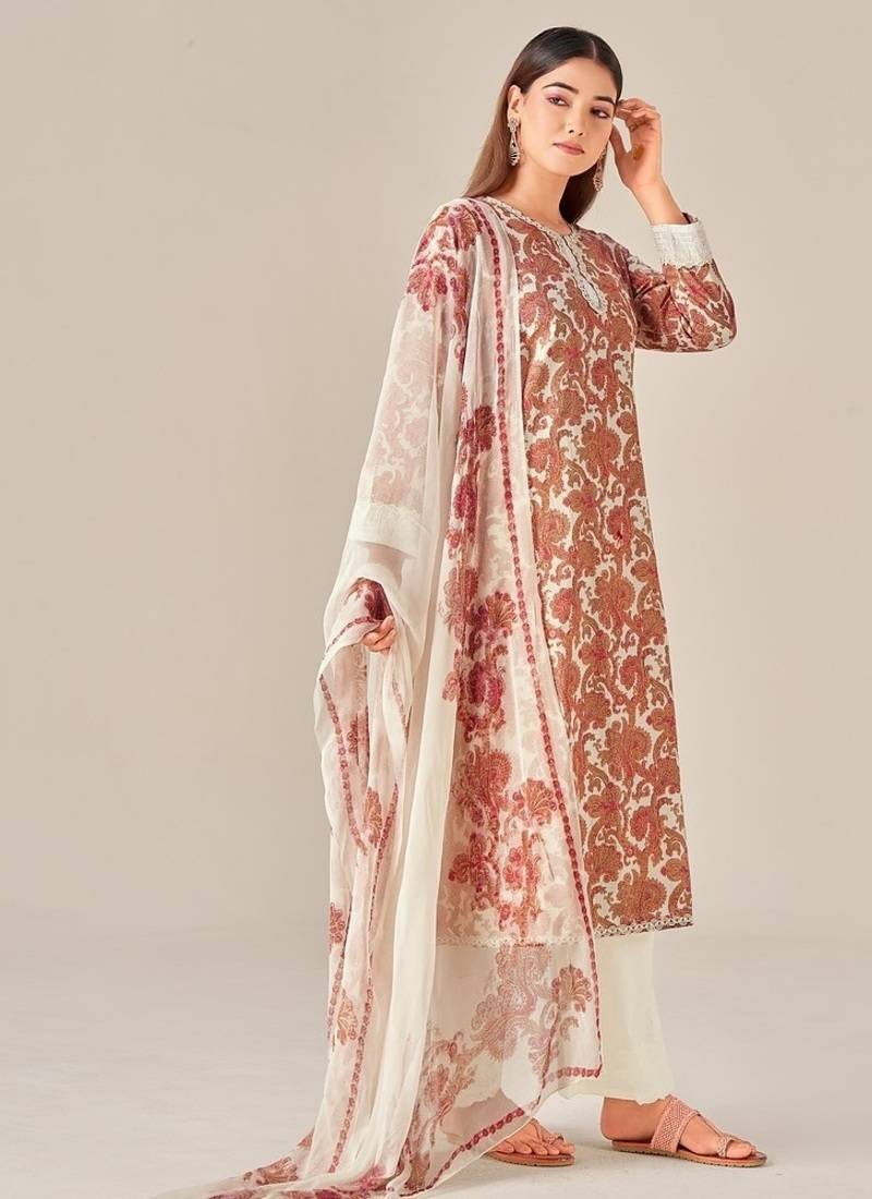 Orange cotton printed hand embroidery kurta set with dupatta