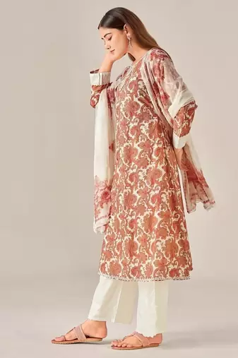 Orange cotton printed hand embroidery kurta set with dupatta