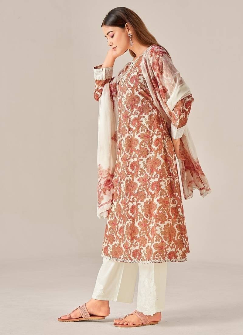 Orange cotton printed hand embroidery kurta set with dupatta