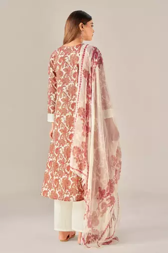 Orange cotton printed hand embroidery kurta set with dupatta