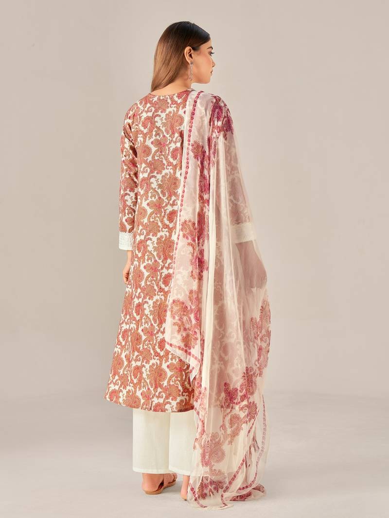 Orange cotton printed hand embroidery kurta set with dupatta
