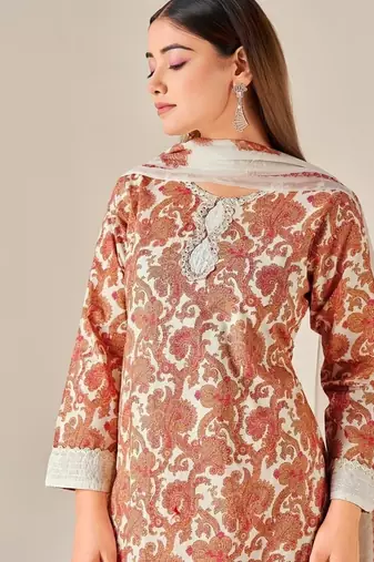 Orange cotton printed hand embroidery kurta set with dupatta