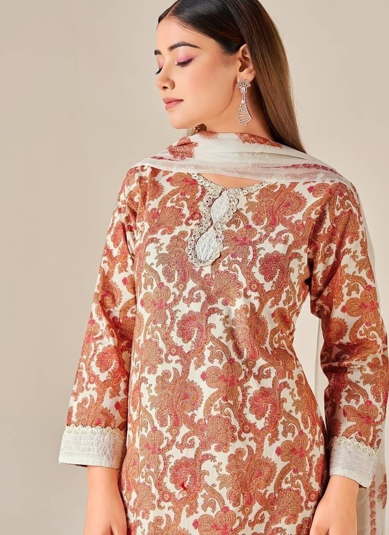 Orange cotton printed hand embroidery kurta set with dupatta