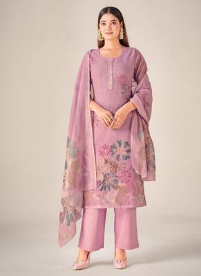 Purple linen printed hand embroidery kurta set with dupatta 1