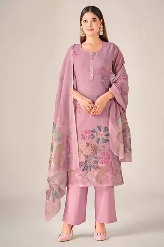 Purple linen printed hand embroidery kurta set with dupatta
