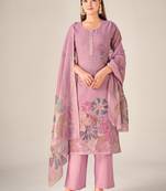 Purple linen printed hand embroidery kurta set with dupatta