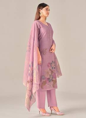 Purple linen printed hand embroidery kurta set with dupatta 2
