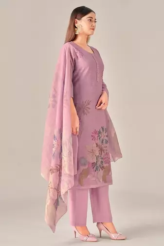 Purple linen printed hand embroidery kurta set with dupatta