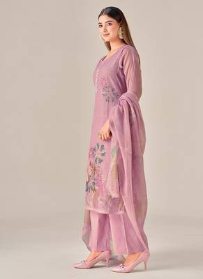Purple linen printed hand embroidery kurta set with dupatta 3