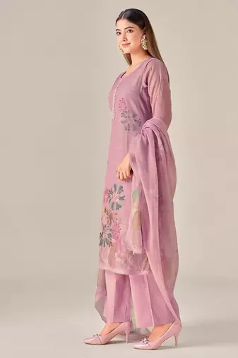 Purple linen printed hand embroidery kurta set with dupatta