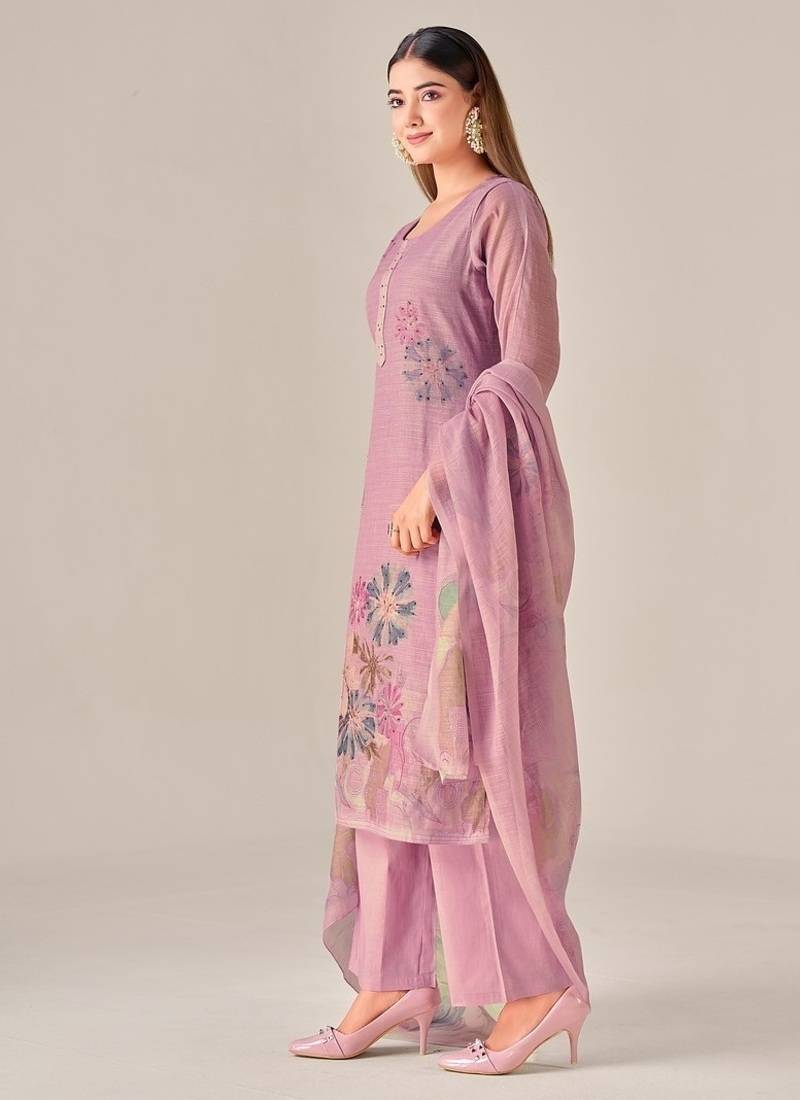 Purple linen printed hand embroidery kurta set with dupatta
