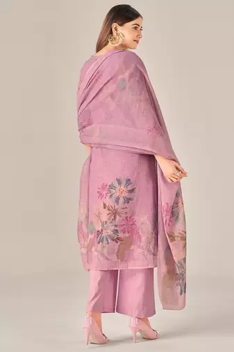 Purple linen printed hand embroidery kurta set with dupatta
