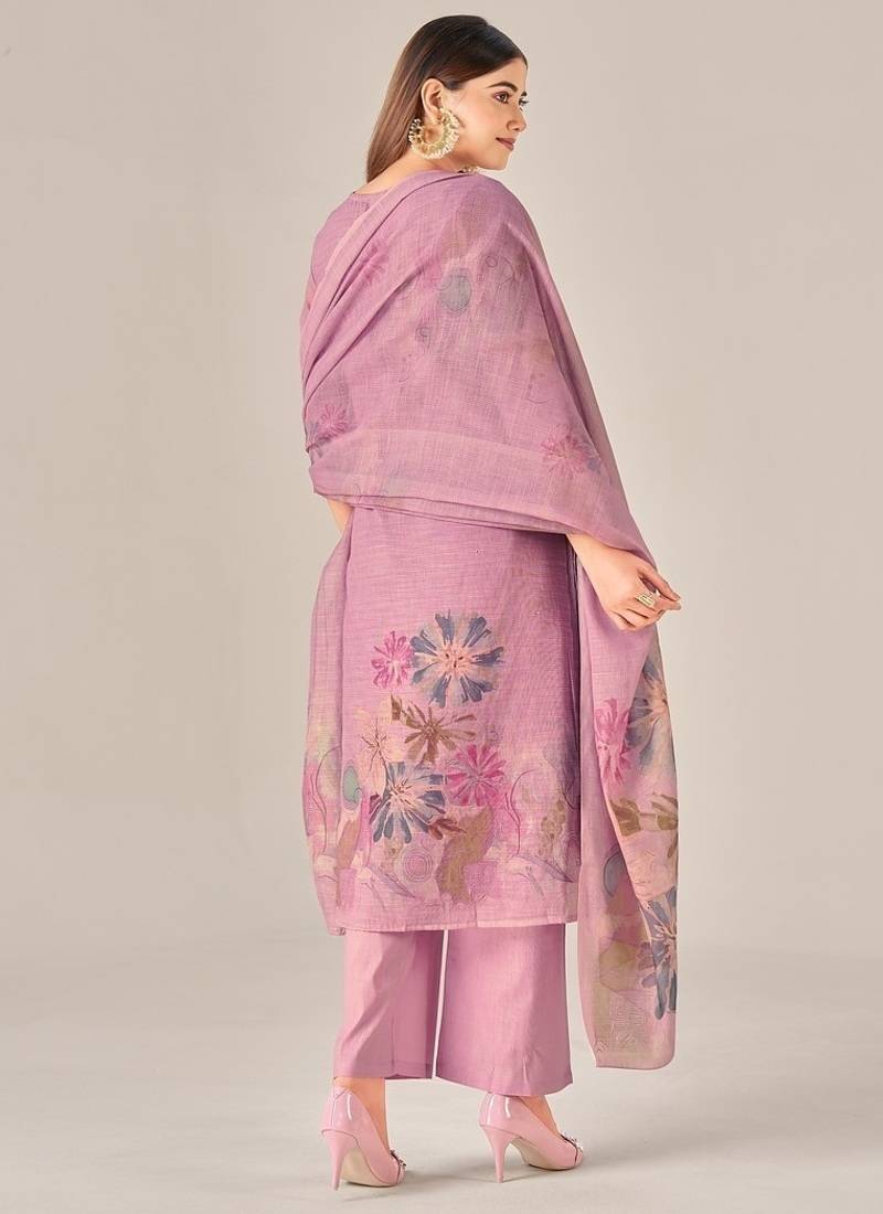 Purple linen printed hand embroidery kurta set with dupatta