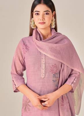 Purple linen printed hand embroidery kurta set with dupatta 5