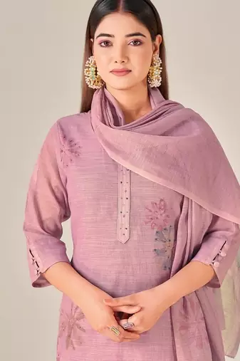 Purple linen printed hand embroidery kurta set with dupatta