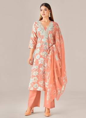 Orange cotton printed hand embroidery kurta set with dupatta 1