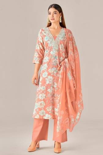 Orange cotton printed hand embroidery kurta set with dupatta