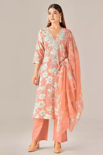 Orange cotton printed hand embroidery kurta set with dupatta