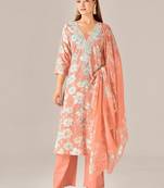 Orange cotton printed hand embroidery kurta set with dupatta