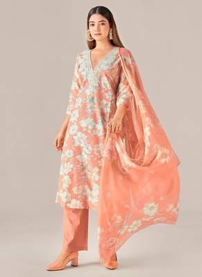 Orange cotton printed hand embroidery kurta set with dupatta 2