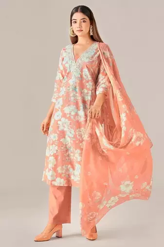 Orange cotton printed hand embroidery kurta set with dupatta