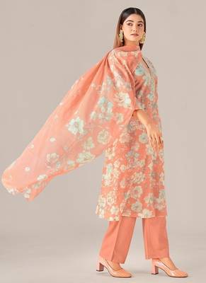 Orange cotton printed hand embroidery kurta set with dupatta 3