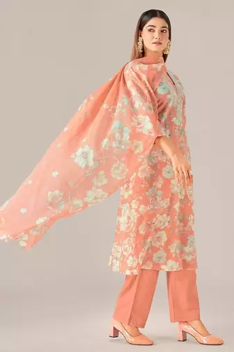 Orange cotton printed hand embroidery kurta set with dupatta