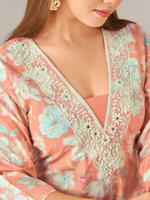 Orange cotton printed hand embroidery kurta set with dupatta 5