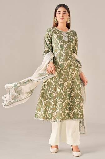 Green cotton printed hand embroidery kurta set with dupatta