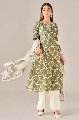 Green cotton printed hand embroidery kurta set with dupatta
