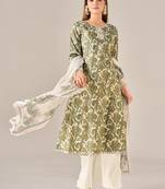 Green cotton printed hand embroidery kurta set with dupatta