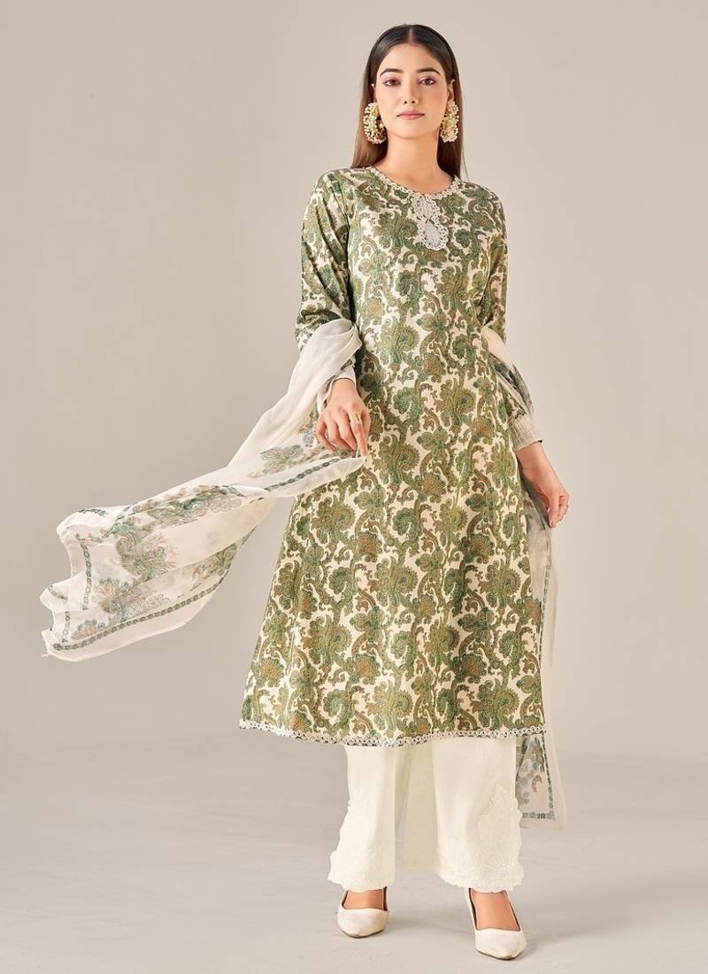 Green cotton printed hand embroidery kurta set with dupatta