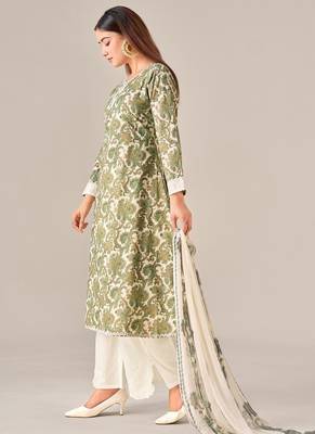 Green cotton printed hand embroidery kurta set with dupatta 2