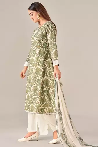 Green cotton printed hand embroidery kurta set with dupatta