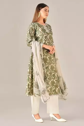 Green cotton printed hand embroidery kurta set with dupatta