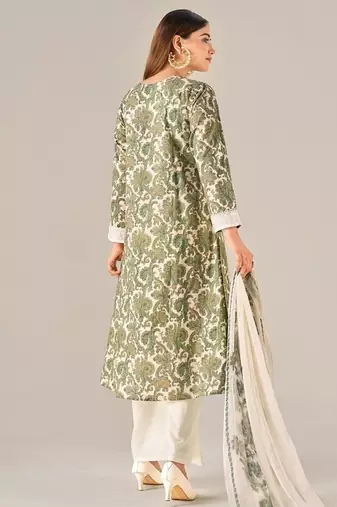 Green cotton printed hand embroidery kurta set with dupatta