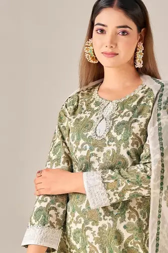 Green cotton printed hand embroidery kurta set with dupatta