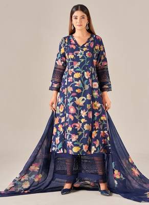 Navy blue linen printed hand embroidery kurta set with dupatta 1